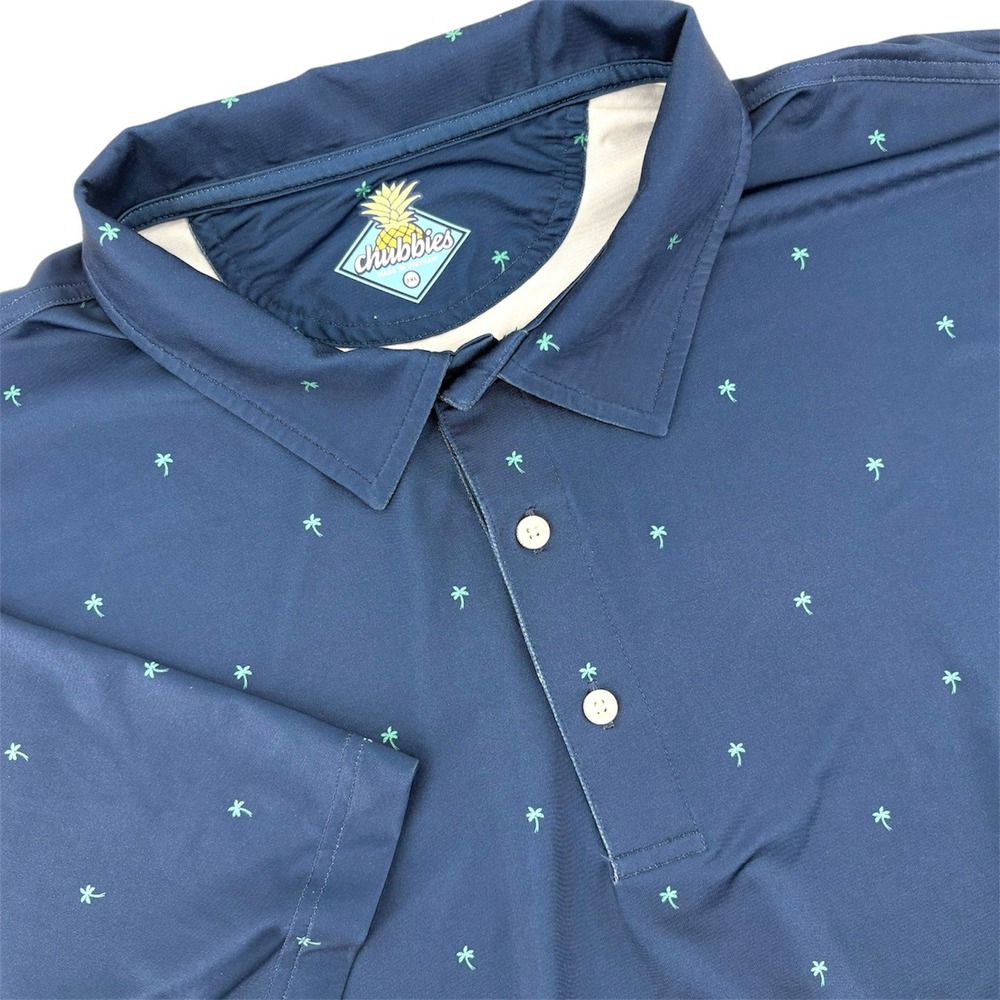 Chubbies Mens 2XL Navy Blue Palm Tree Print Performance Polo Short Sleeve Shirt